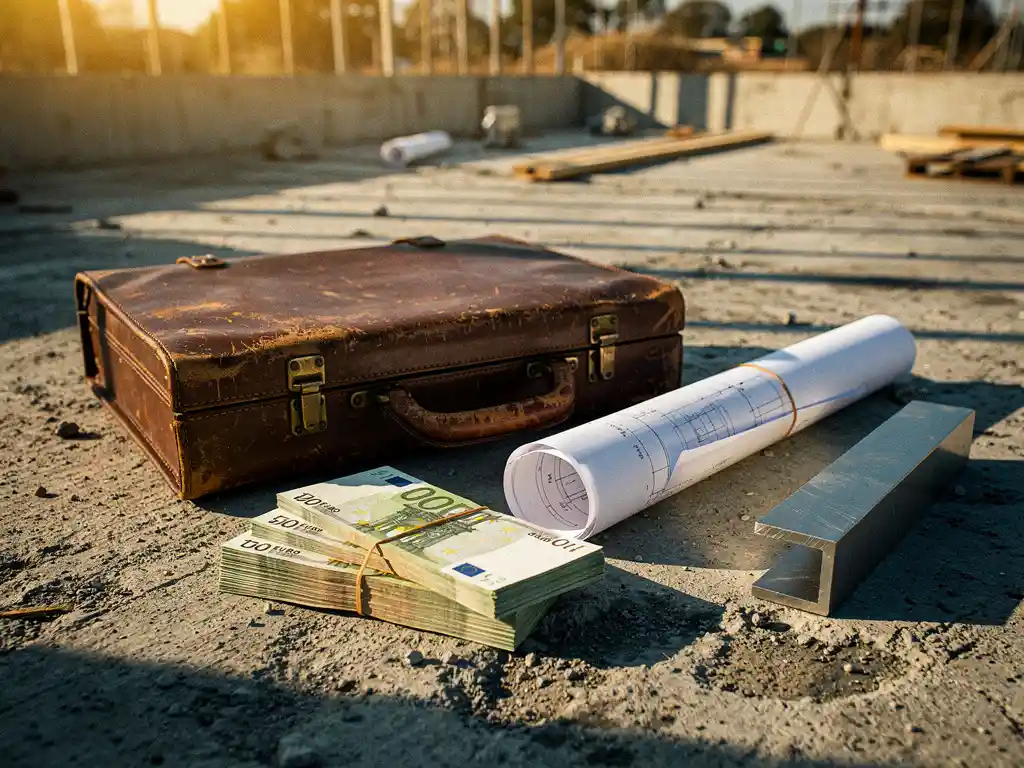 Versleten leren aktetas op bouwplaats met eurobiljetten, opgerolde bouwtekening en stalen balk, betonnen funderingsmuren op de achtergrond.