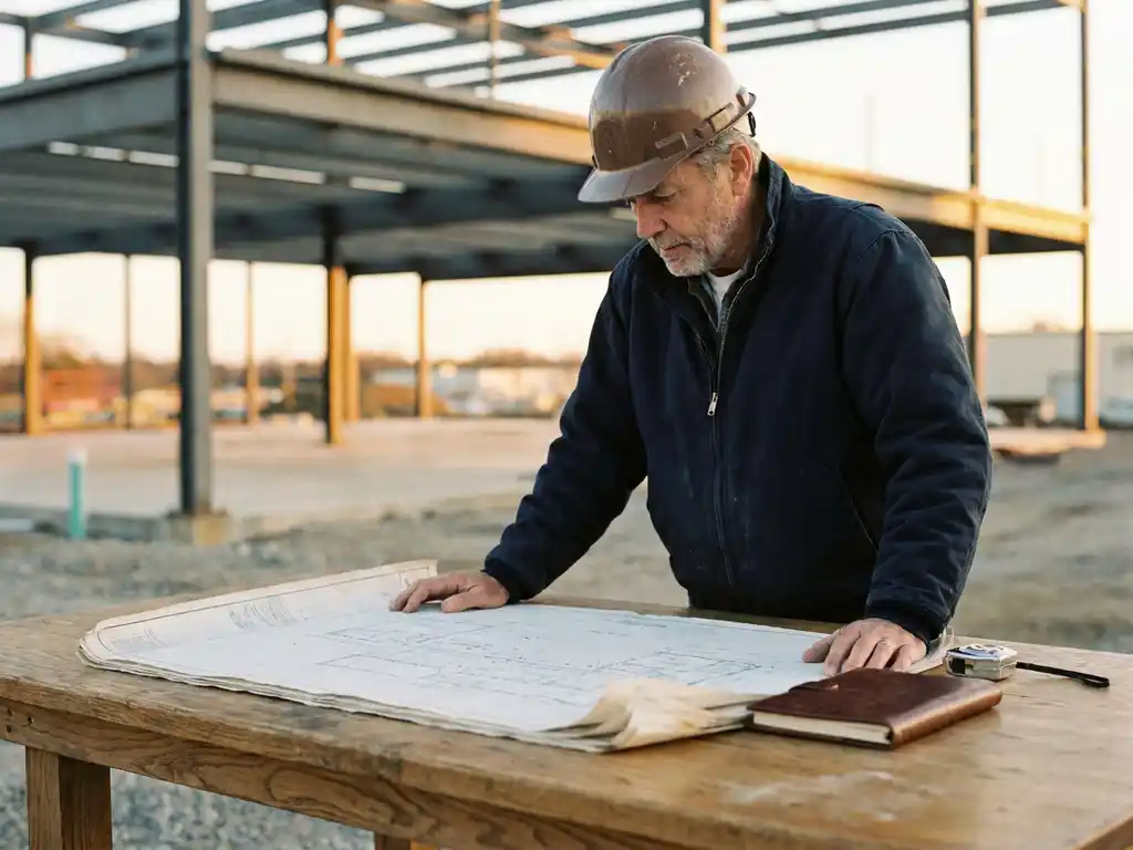 Projectmanager bestudeert architectonisch bouwplan op werflocatie, staalconstructie op achtergrond, gouden-uursbelichting.