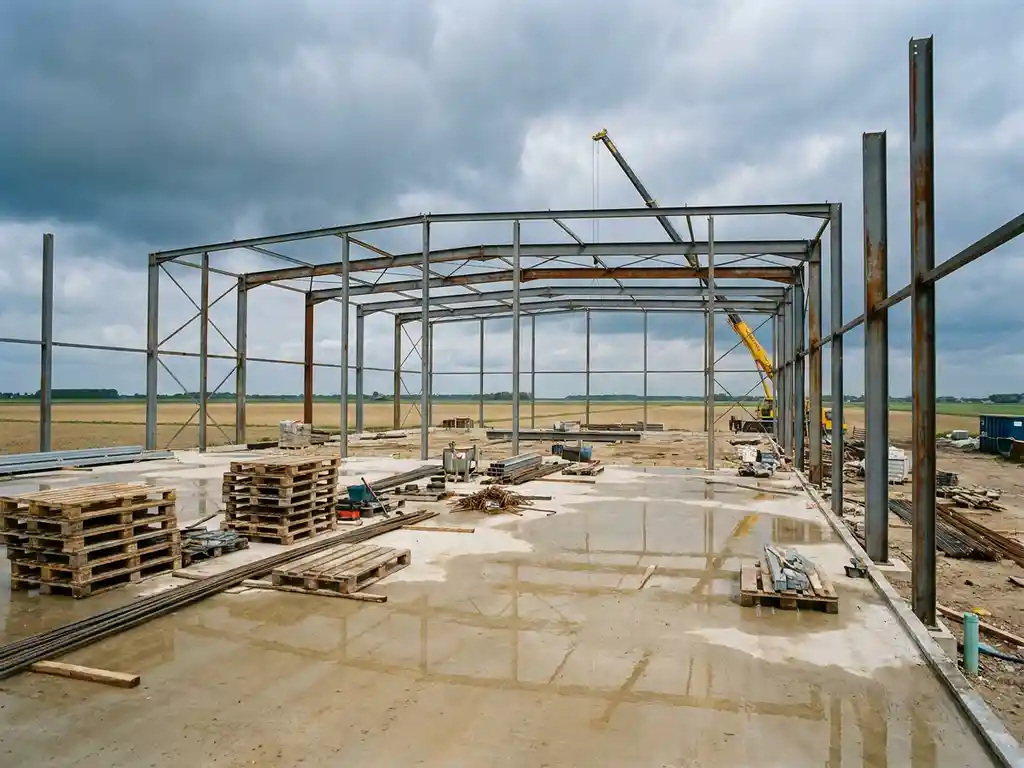 Stalen skelet van een industriële loods in aanbouw op een vlak Nederlands polderlandschap, met een gele kraanarm en vers gestort beton.